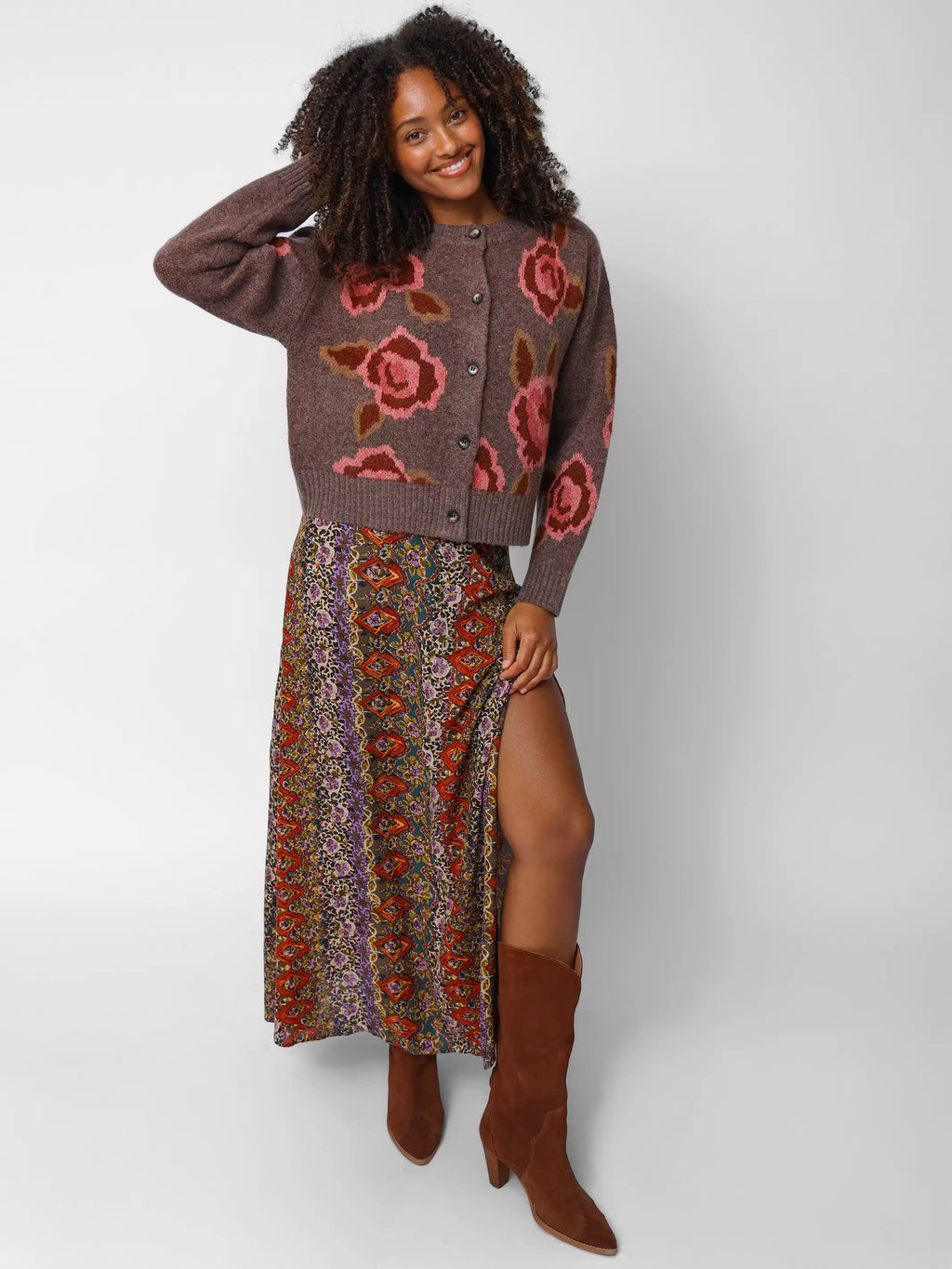 Jacquard Button Front Cardigan Sweater - Brown Rose