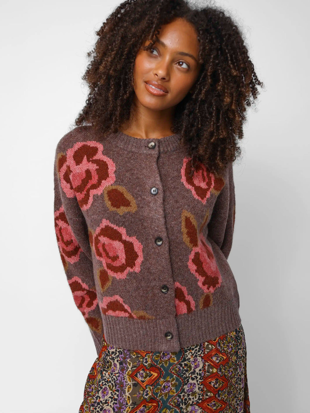 Jacquard Button Front Cardigan Sweater - Brown Rose