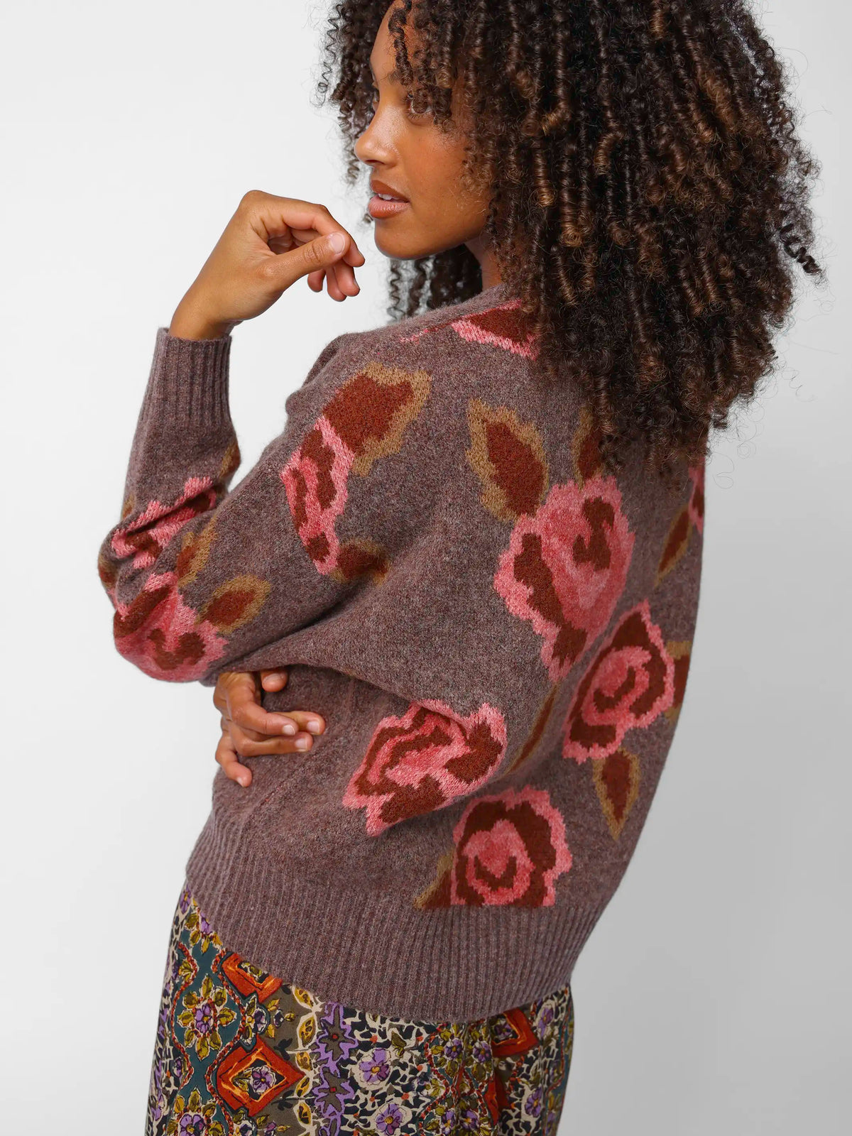 Jacquard Button Front Cardigan Sweater - Brown Rose