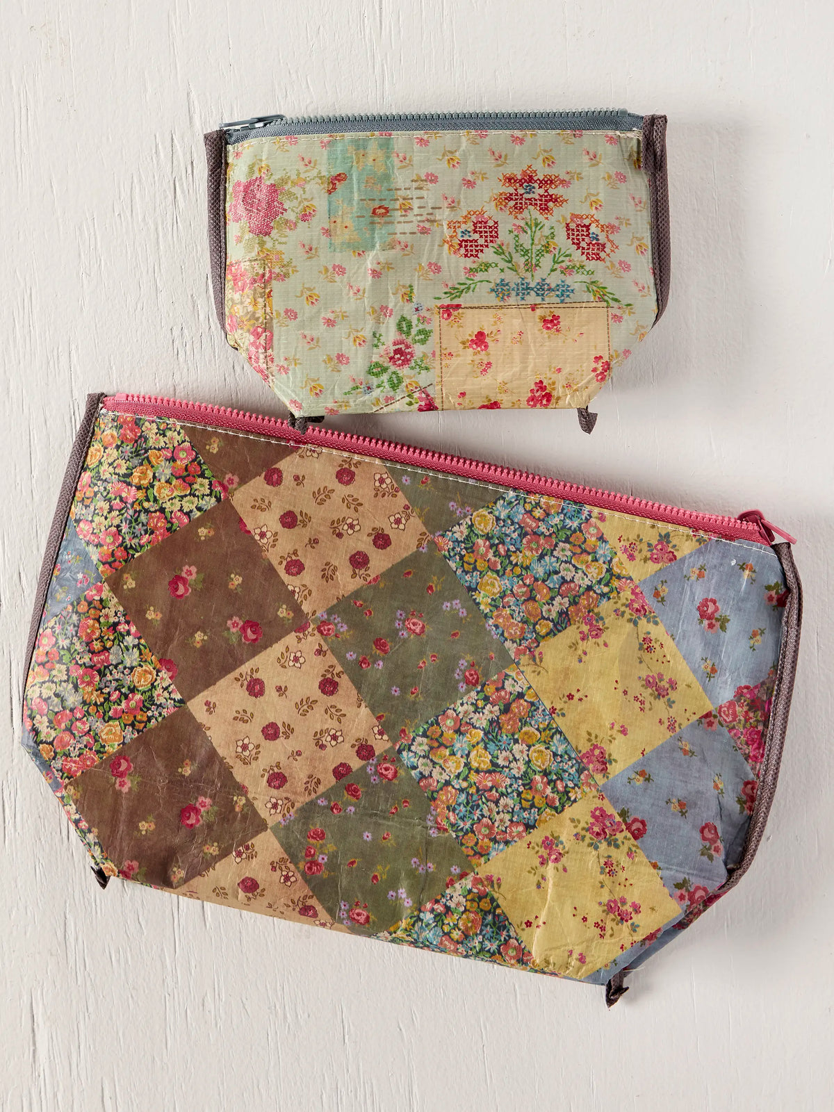 Recycled Reversible Zipper Pouches, Set of 2 - Flea Market Flora