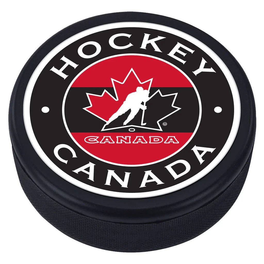 Hockey Canada IIHF Stripe Design Textured Hockey Puck product image 1, provided for visual reference and product detail