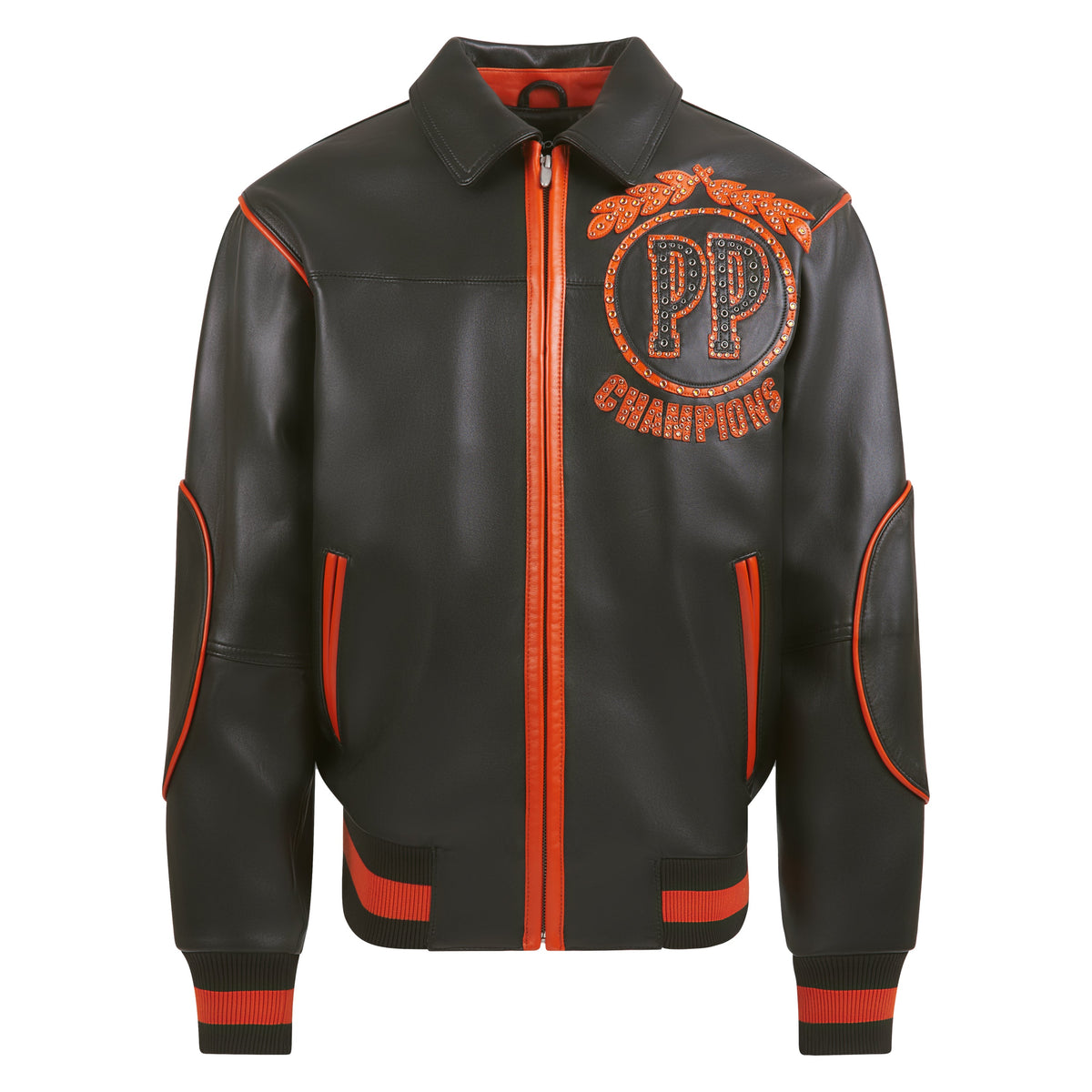 Champions Rhinestone Jacket | Black/Orange product image 1, provided for visual reference and product detail review