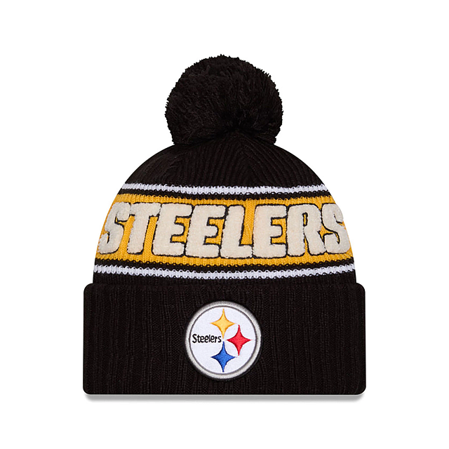 Pittsburgh Steelers NFL New Era Men Black 2024 Sideline Sport Knit Pom Hat product image 1, provided for visual reference