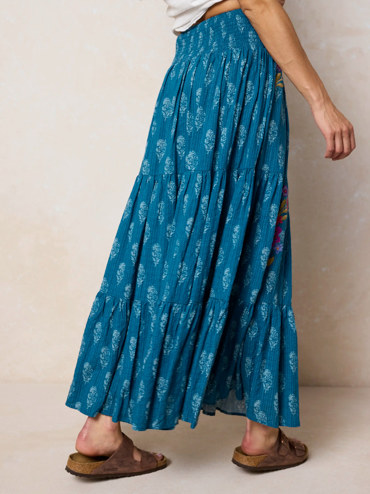 Hanna Embroidered Convertible Maxi Skirt - Block Stamp Indigo