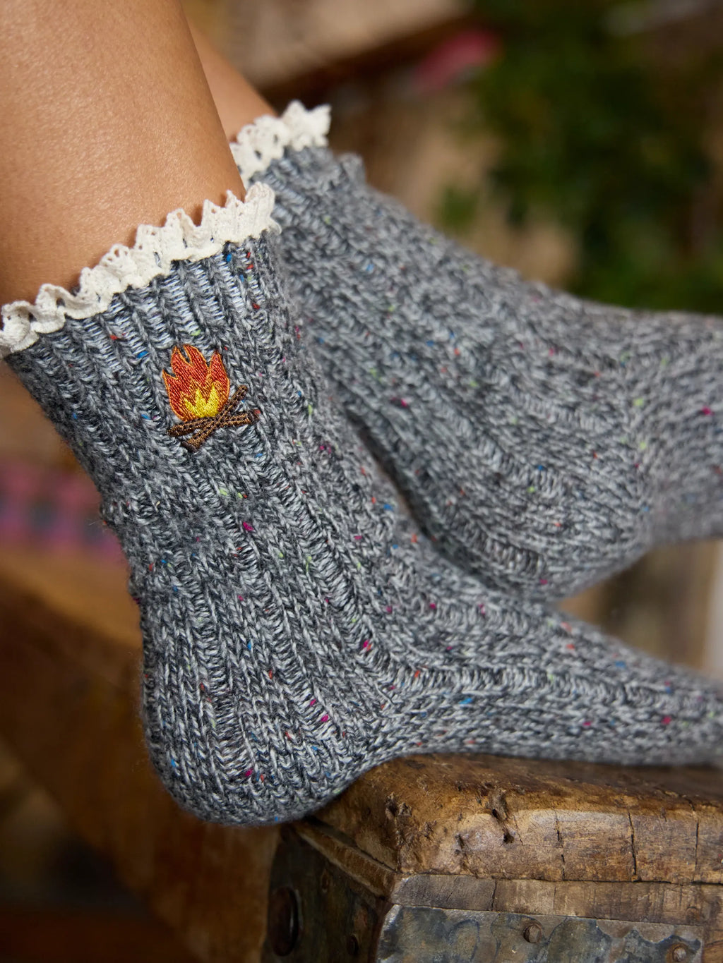 Little Things Embroidered Socks - Campfire