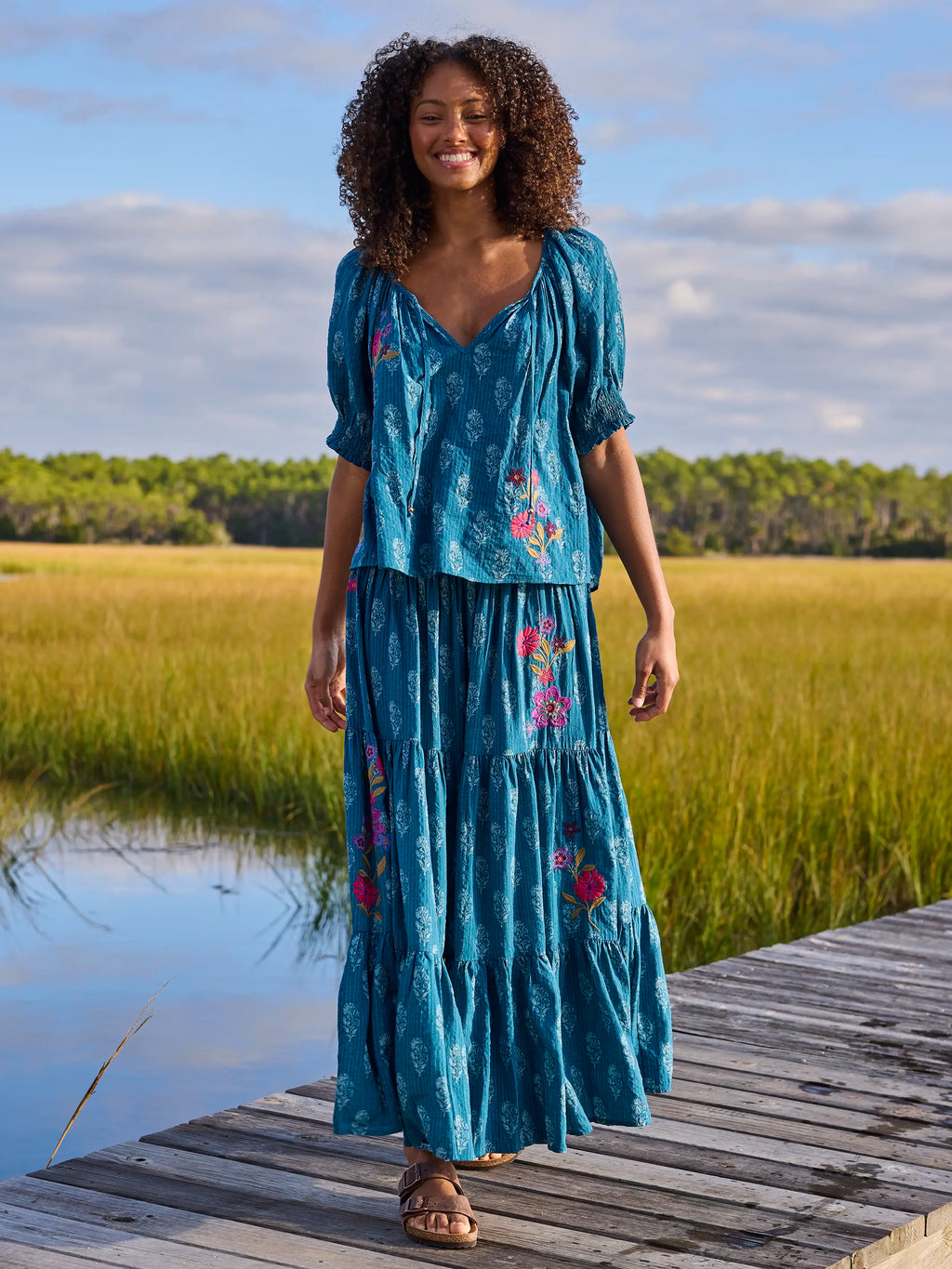 Hanna Embroidered Convertible Maxi Skirt - Block Stamp Indigo