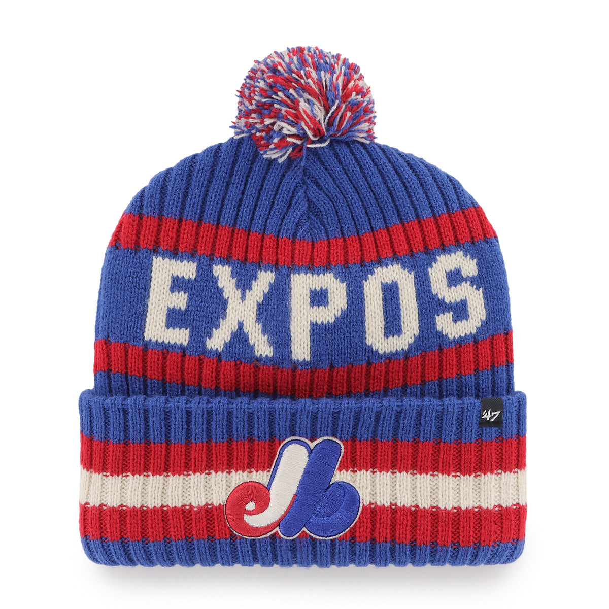 Montreal Expos MLB 47 Brand Men Royal/Red Bering Cuff Pom Knit product image 1, provided for visual reference and product