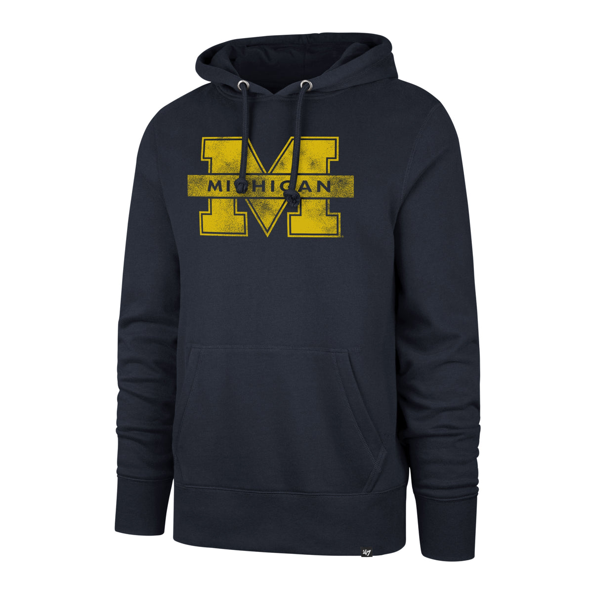 Michigan Wolverines NCAA 47 Brand Men Navy Imprint Distressed Headline Pullover Hoodie product image 1, provided for visual