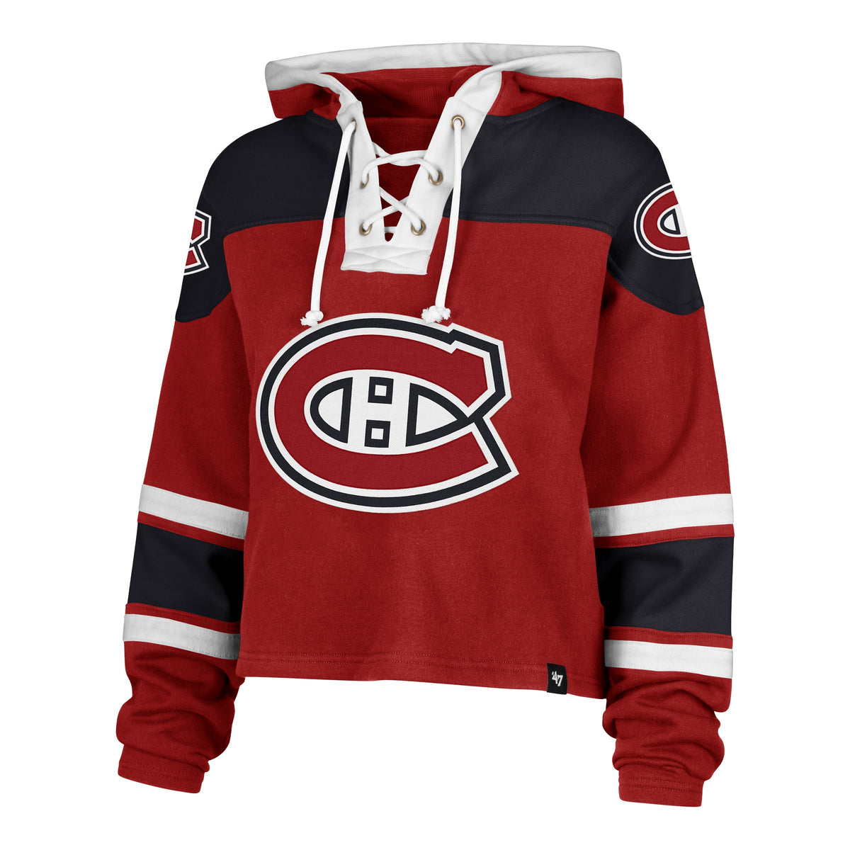 Montreal Canadiens NHL 47 Brand Women Red Cropped Superior Lace Up Hoodie product image 1, provided for visual reference and